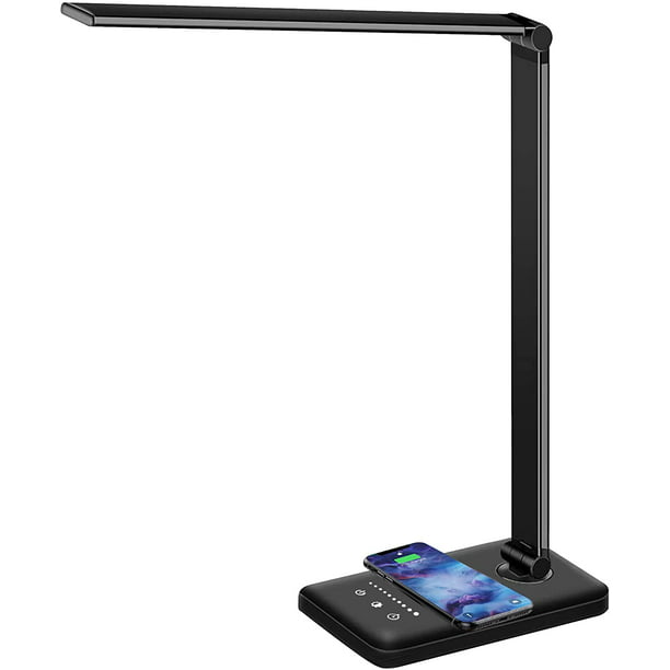 Bright Table Light with Touch Control 5 Lighting Modes and 10 Brightness Levels Modern Eye-Caring Desk Lamps for Home Office USB Charging Port 30/60 Mins Timer LED Desk Lamp with Wireless Charger 